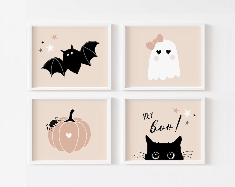 May include: Set of four printable Halloween illustrations featuring a black bat, a white ghost with a pink bow, a pumpkin with a spider, and a black cat with the text "Hey Boo!" on a pink background.