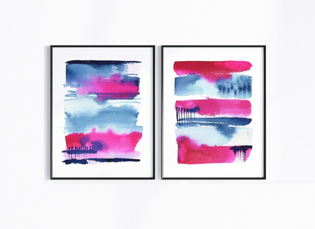 Abstract Hot Pink Art Print Set, Bright Fuschia Navy Blue Wall Art ...