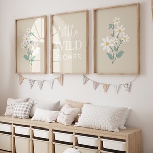 Neutral Daisy Nursery Wall Art, Beige Little Wildflower Print Set of 3 ...