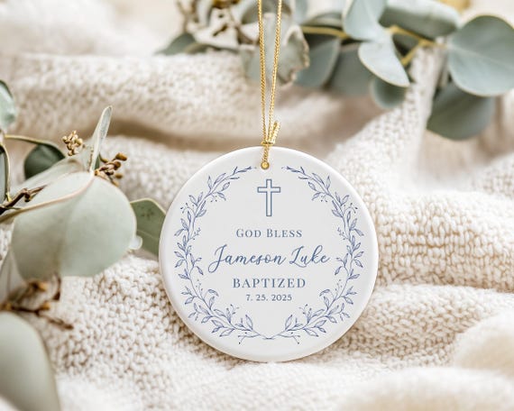 Personalized Boy Baptism Ornament, Custom Baby Christening Gift, Religious Holiday Decor, First Christmas Newborn Keepsake, Blue God Bless