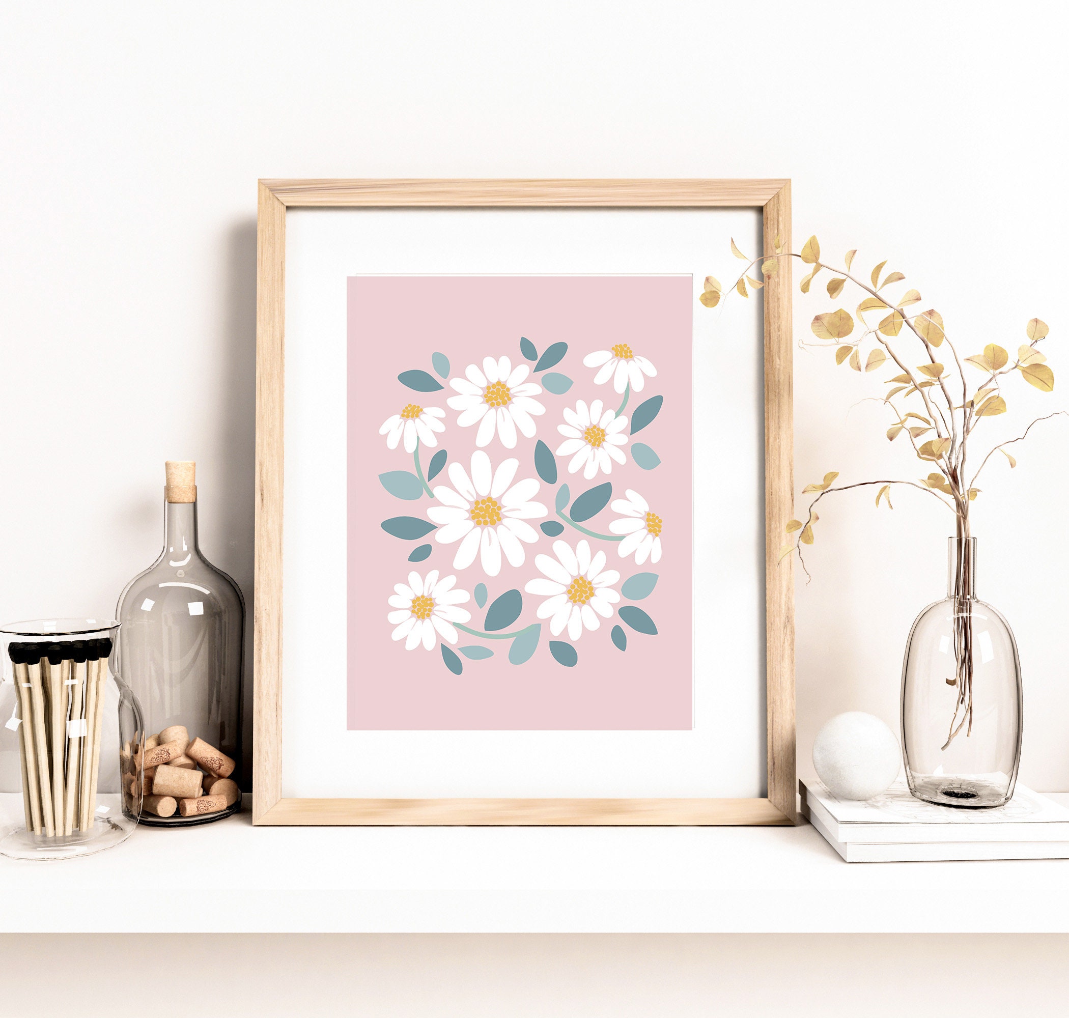 Pink Daisy Wall Art PRINTABLE, Dusty Rose Floral Nursery Decor, Retro ...