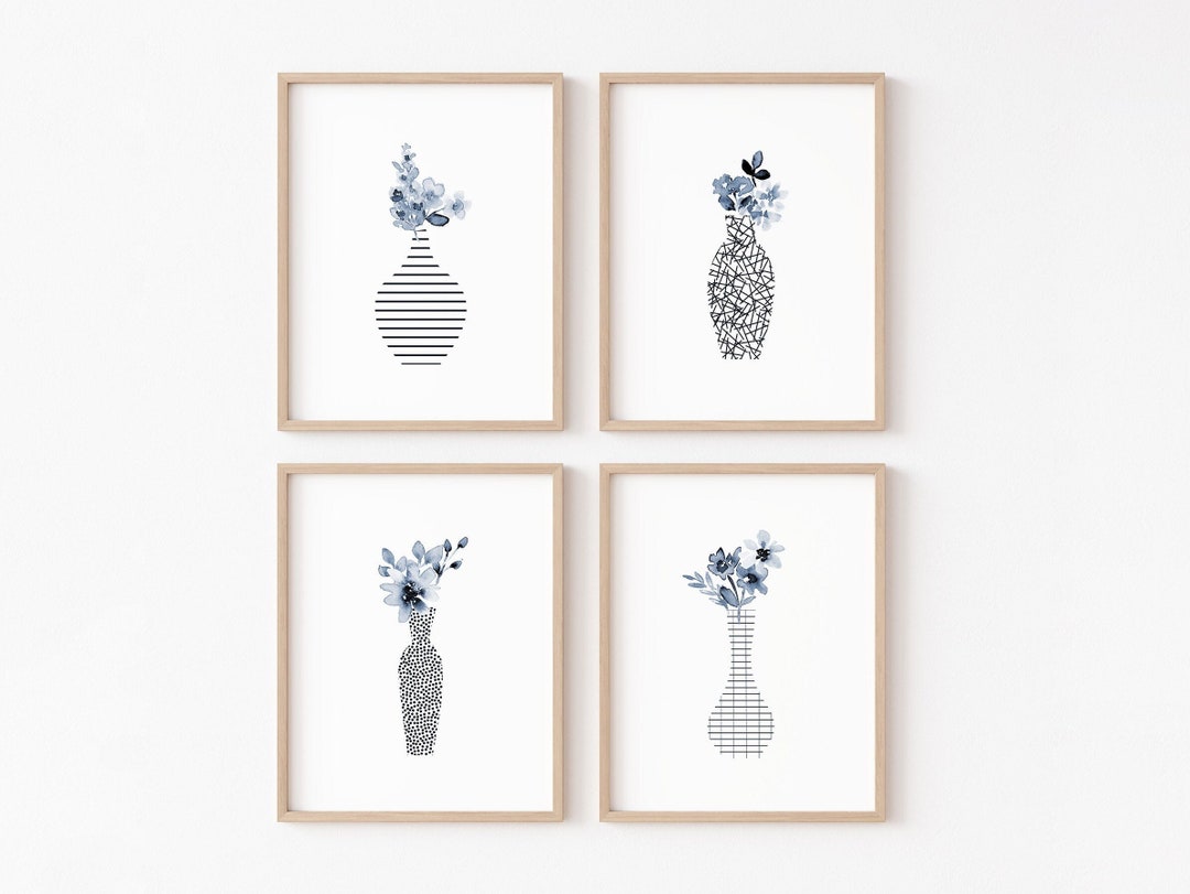 Blue Wildflower Print Set, Indigo Watercolor Chinoiserie Flower Wall ...