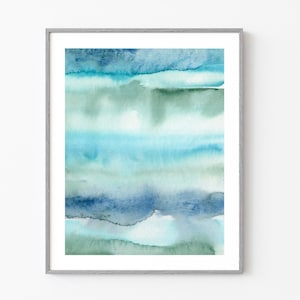 Ocean Abstract Watercolor Print, Blue Green Coastal Canvas, Sea Glass Abstract Painting, Cool Calming Wall Art, Seascape Beach House Decor