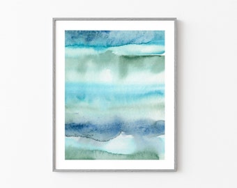 Ocean Abstract Watercolor Print, Blue Green Coastal Canvas, Sea Glass Abstract Painting, Cool Calming Wall Art, Seascape Beach House Decor