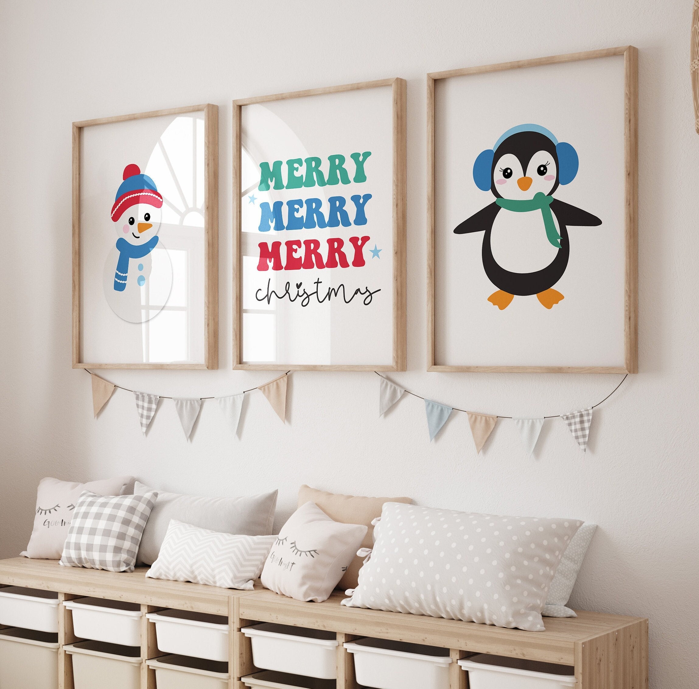 Jungen Weihnachten Kinderzimmer Wand Kunst bedruckbar, niedlichen Urlaub Print-Set für Kinder, digitale minimalistische blaue Weihnachtsdekor, Winter-Pinguin-Druck