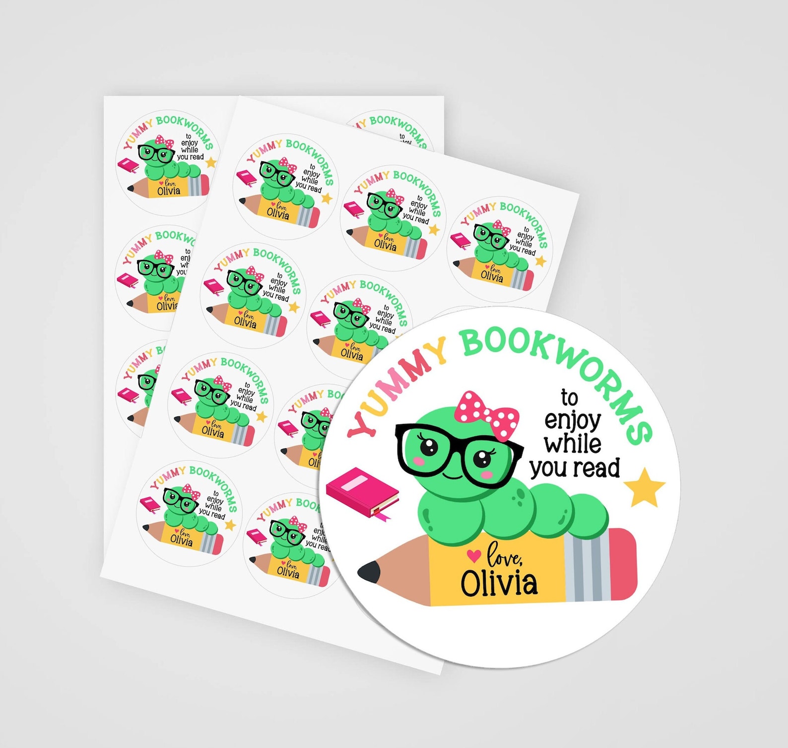Bookworm Stickers With Name, Personalized Birthday Treat Bag Labels ...