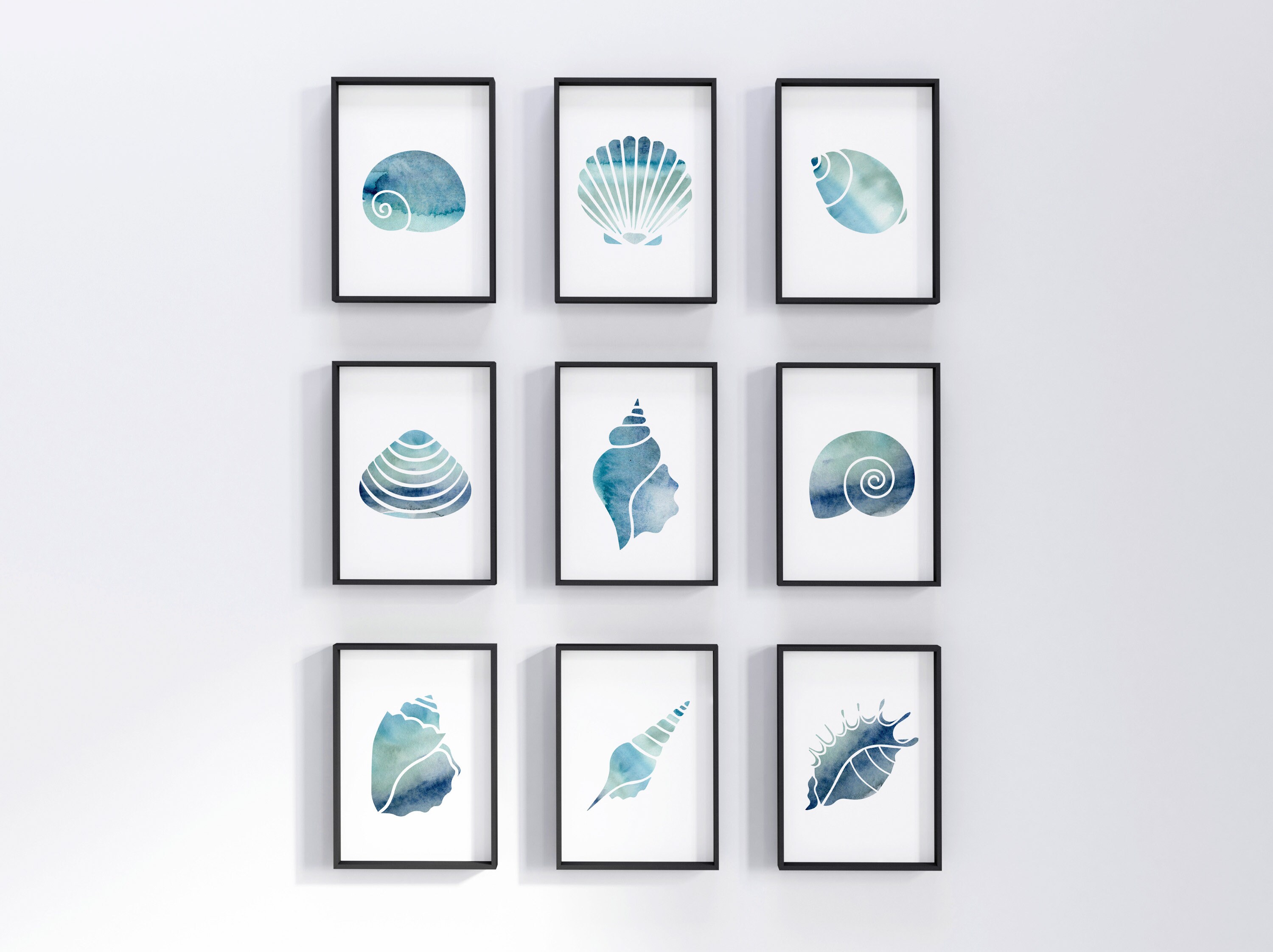 Blue Seashell Print Set of 9, Turquoise Watercolor Coastal Wall Art ...