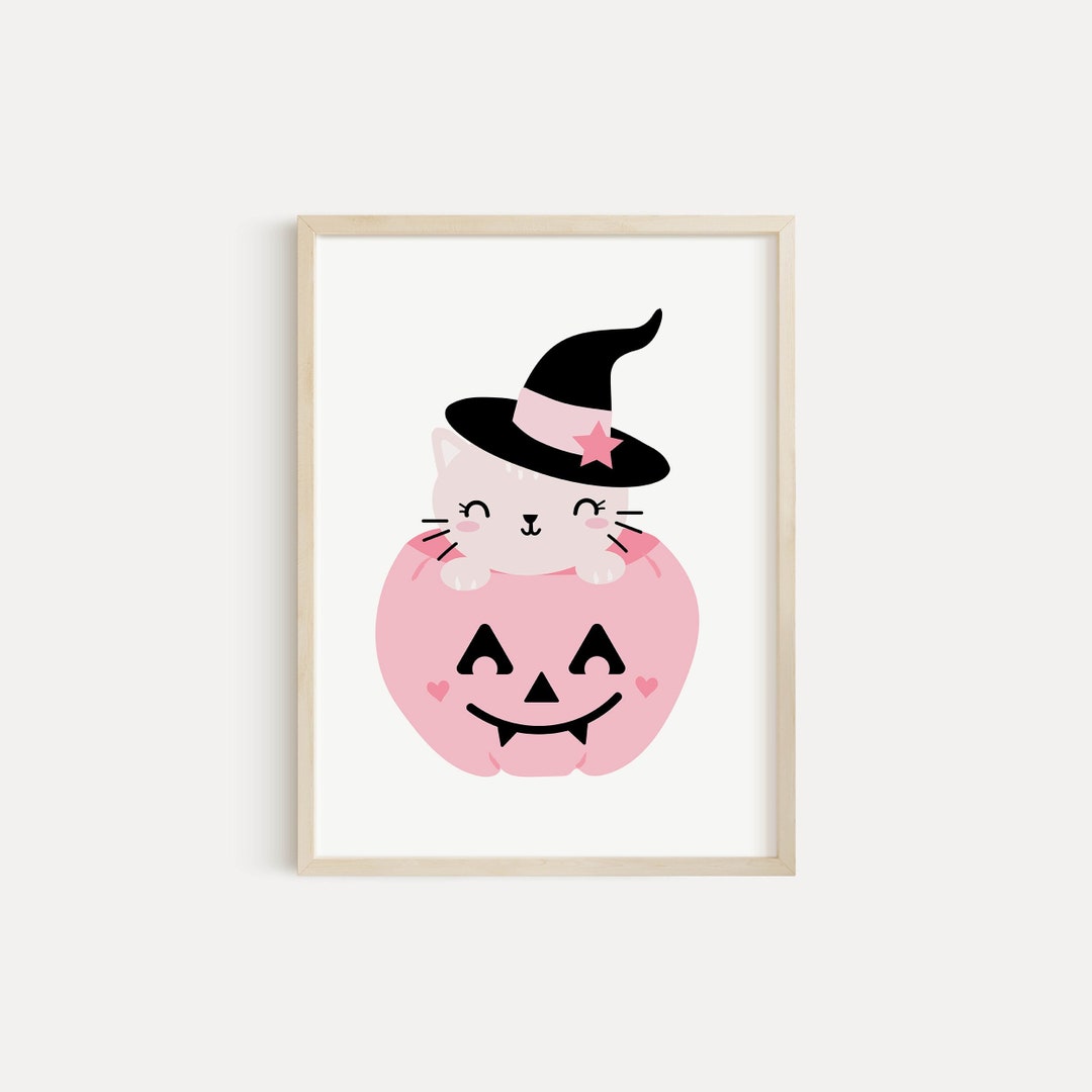 Cat Halloween Wall Art PRINTABLE, Pastel Kitty Pumpkin Print, Girl ...