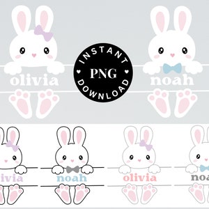 May include: Two white bunny rabbits with pink ears and feet, peeking over a banner with the names "olivia" and "noah" written on it. The bunny on the left has a purple bow and the bunny on the right has a blue bow tie.