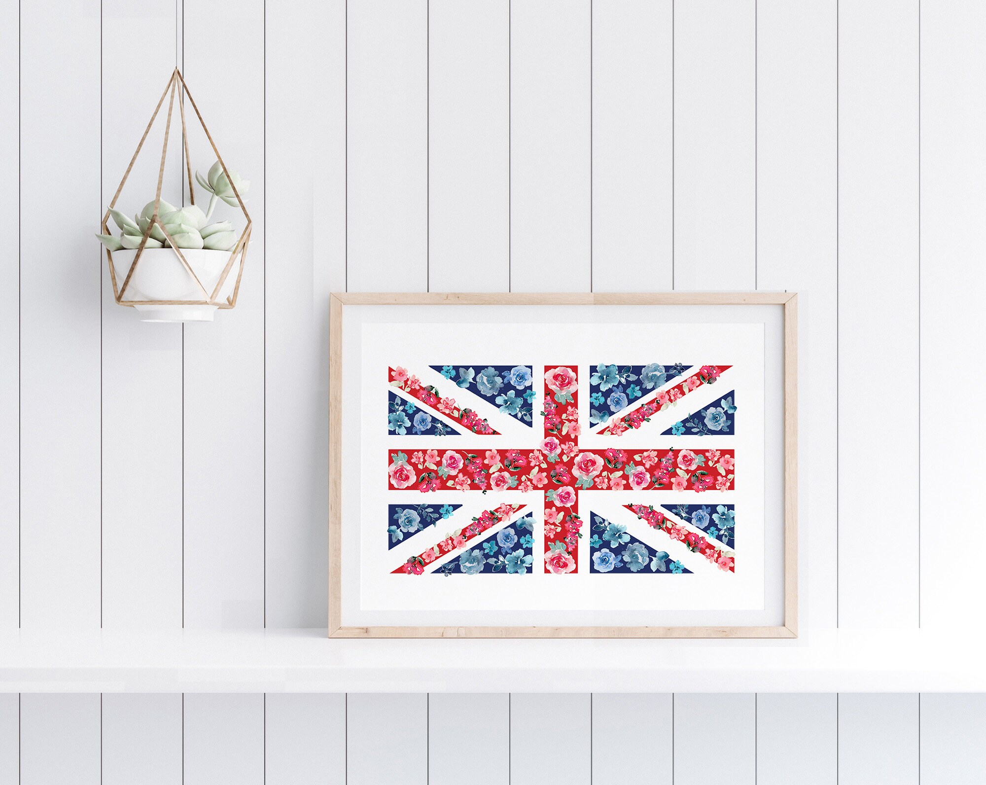 British Flag Watercolor Print, Floral Union Jack Wall Art, UK Patriotic ...