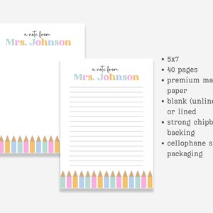 Teacher Note Pad Personalized, Colorful Custom School Stationery, Cute Teacher Appreciation Gift, Thank You Teacher End of Year, Pencils image 3