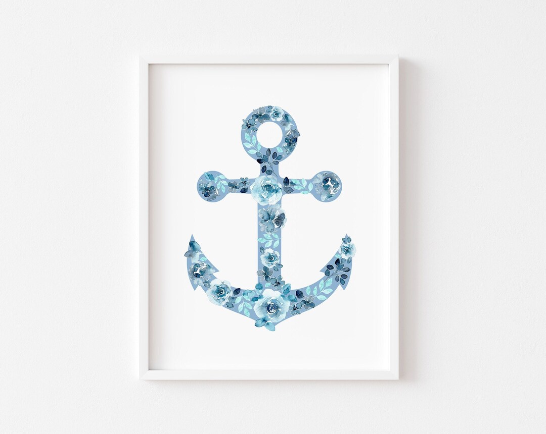 Blue Anchor Art Print, Floral Watercolor Nautical Wall Art, Ocean ...