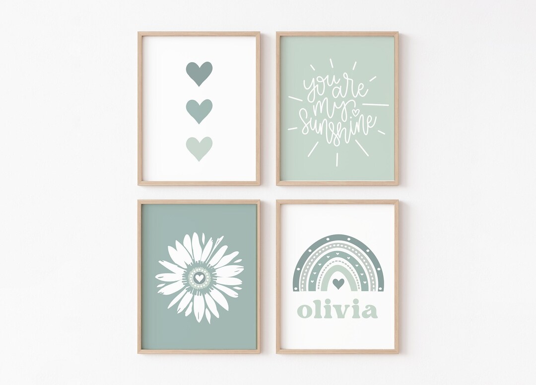 Sage Daisy Nursery Set of 4 PRINTABLE, Green Personalized Kids Room ...