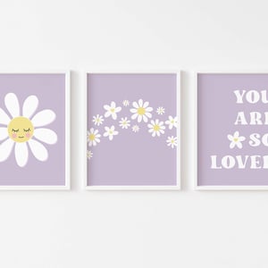 Purple Daisy Nursery Wall Art, You Are So Loved Modern Daisy Decor, Digital Lavender Floral Prints, Wildflower Scandi Girls Room PRINTABLE
