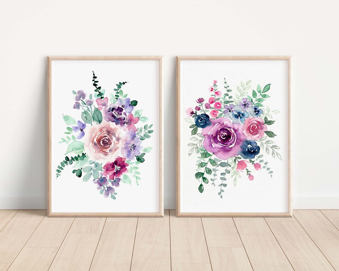 Pastel Pink and Purple Floral Set of 2 Prints, Loose Watercolor Rose ...