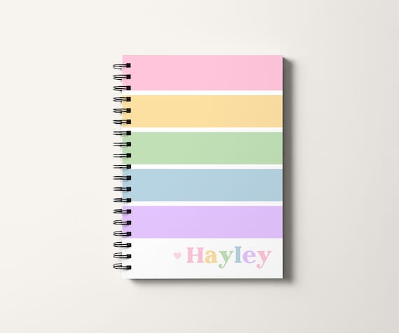 Personalized Notebook for Kids, Pastel Rainbow Custom Spiral Notebook Lined, Trendy Color Block Back to School Gift with Name for Girls
