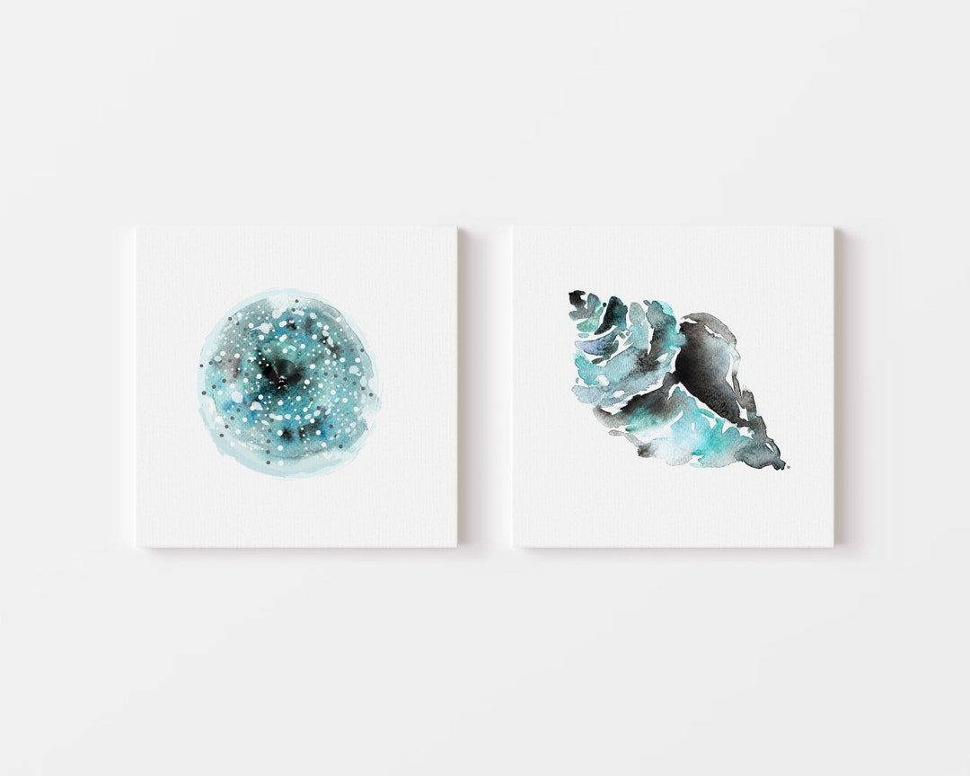 Coastal Shell CANVAS Wall Art, Turquoise Watercolor Sea Urchin Conch ...