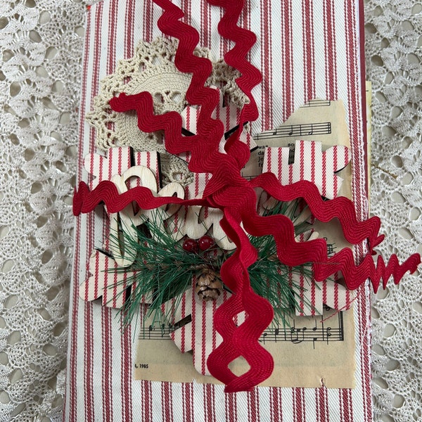 Red Ticking Christmas Junk Journal Scrapbook Photo Album