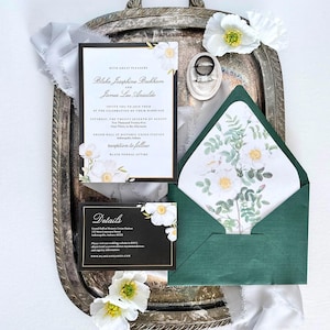 Elegant Emerald Wedding Invitation Suite, Dark Green Wedding Invite, Elegant Wedding Invitation, White Flowers, Dark Wedding, Moody Wedding