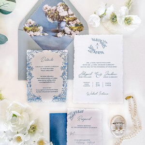 Enchanted to Meet You Wedding Invitations with a touch of something blue, vintage blue wedding invitations, dusty blue wedding