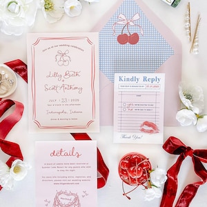 Retro Cherry Girl Wedding Invitations with vintage diner ticket, lipstick kiss, vintage wedding cake, cherry girl aesthetic, red wedding