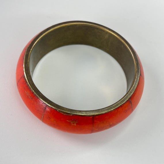 Vintage Red Bone Statement Bangle with Brass Core - image 4