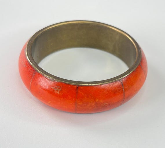 Vintage Red Bone Statement Bangle with Brass Core - image 3