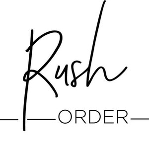 Könnte beinhalten: Schwarzweißes Logo mit dem Wort "Rush" in Kursivschrift und den Worten "ORDER" in Großbuchstaben darunter.