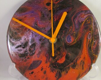Resin Clock, OOAK Clock, Orange clock, quirky decor,  Recycled Record, Paint Pouring, Painted Clock, Poured Paint, Fluid Art, Cell Painting