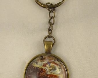OOAK Keyring, Brown keyring, hand painted keyring, Round Keyring, Handbag Charm, Heart Charm,  Poured Paint, Fluid Art, Cell Painting