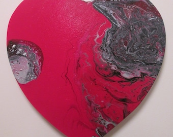Heart Paint Pouring Art, 'Love' Canvas, Abstract Fluid Painting