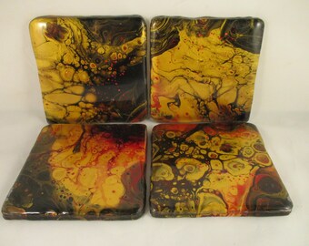 Resin Coasters, Red Coasters, Unique Coasters, OOAK Coasters, Paint Pouring, Paint Pour Coasters, Poured Paint, Fluid Art, Cell Painting