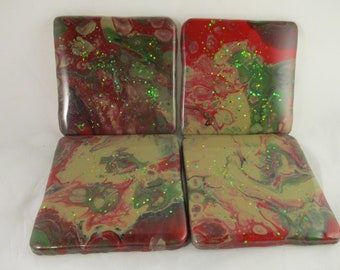 Resin Coasters, Red Coasters, Unique Coasters, OOAK Coasters, Paint Pouring, Paint Pour Coasters, Poured Paint, Fluid Art, Cell Painting