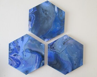 3 Part Wall Art,  Blue Wall Art, Hexagon Canvas, Honeycomb Painting, Fluid Art, Cell Painting, Wall Canvas, Liquid Art, Abstract Art