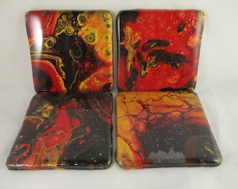 Resin Coasters, Red Coasters, Unique Coasters, OOAK Coasters, Paint Pouring, Paint Pour Coasters, Poured Paint, Fluid Art, Cell Painting