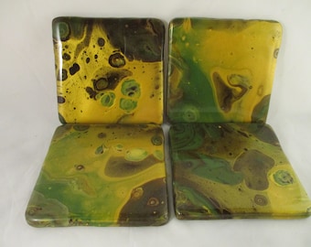 Resin Coasters, GreenCoasters, Unique Coasters, OOAK Coasters, Paint Pouring, Paint Pour Coasters, Poured Paint, Fluid Art, Cell Painting