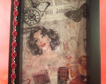 Wall Art, Fabric Art, Vintage Style, Framed Art, Vintage Lady,  Wall Decor, Gift For Her, Decorated Frame, Black Picture Frame, Framed Art