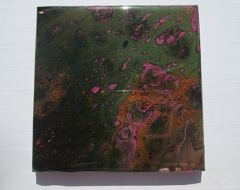 Resin Coaster, Green Coaster, Unique Coaster, OOAK Coaster, Cup Mat, Paint Pour Coaster, Poured Paint, Fluid Art, Cell Painting