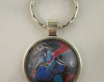 OOAK Keyring, Blue keyring, hand painted keyring, Round Keyring, Handbag Charm, Heart Charm,  Poured Paint, Fluid Art, Cell Painting