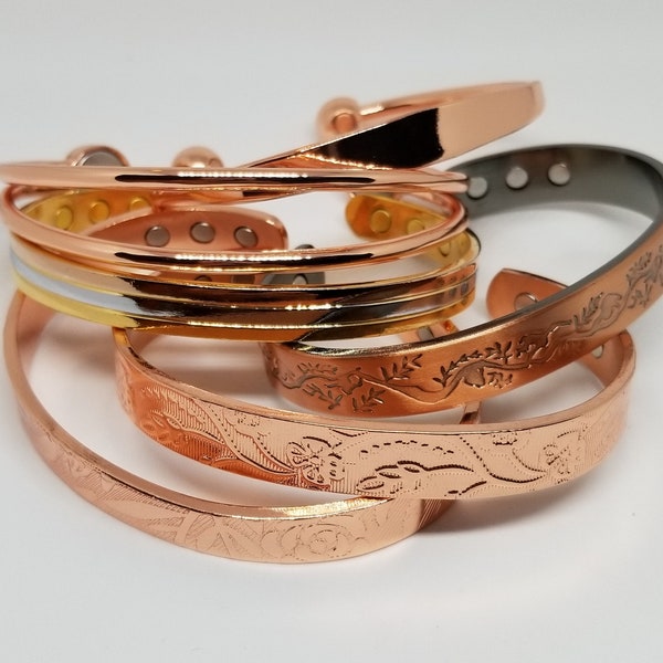 Copper cuff bangle bracelet with embedded magnets