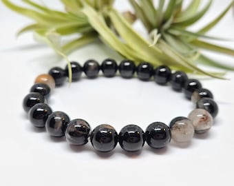 Black tourmaline with quartz bracelet, Black gemstone bracelet, Stretchy bracelet,  Protection stone,  Gift for him, Gift for her, Grounding