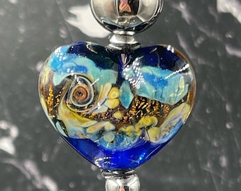 Handmade One Blue Lampwork Beaded Wine Stopper, Blue Organic Swirl Design Heart Stopper For Wine Lovers, Valentine's Day Gift, Made in USA