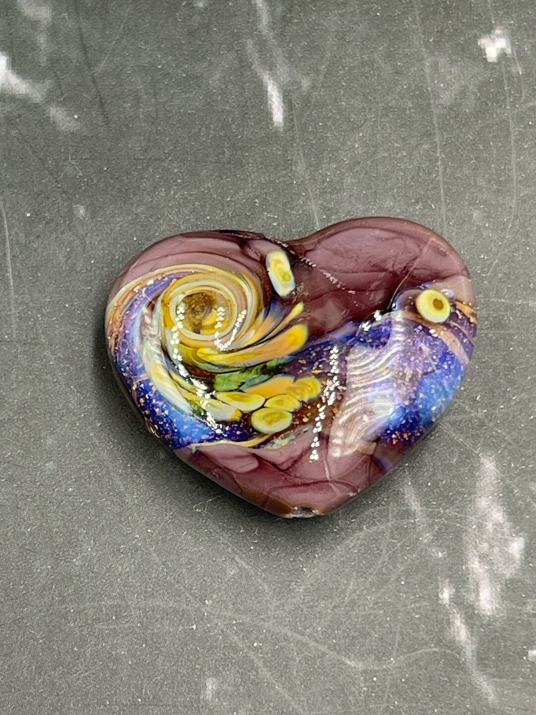 One Iridescent Handmade Organic Purple Lampwork Glass Heart Bead