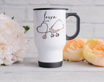 Personalised Vet Nurse Travel Mug: Insulated Stainless Steel Floral Stethoscope