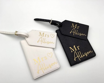 Mr and Mrs Passport cover and luggage tag set in a gift box, his and hers personalised passport holder travel set