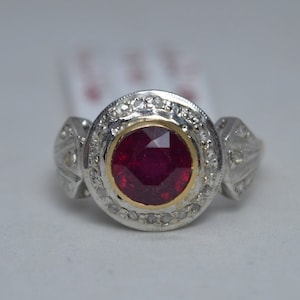 Vintage Victorian Style Ruby Rosecut Diamond Ring - 925 silver - 14K gold - JOJ