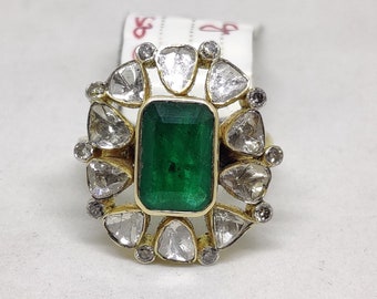 Ethnic Vintage Handmade Emerald Polki Diamond Ring - 14KYGR041