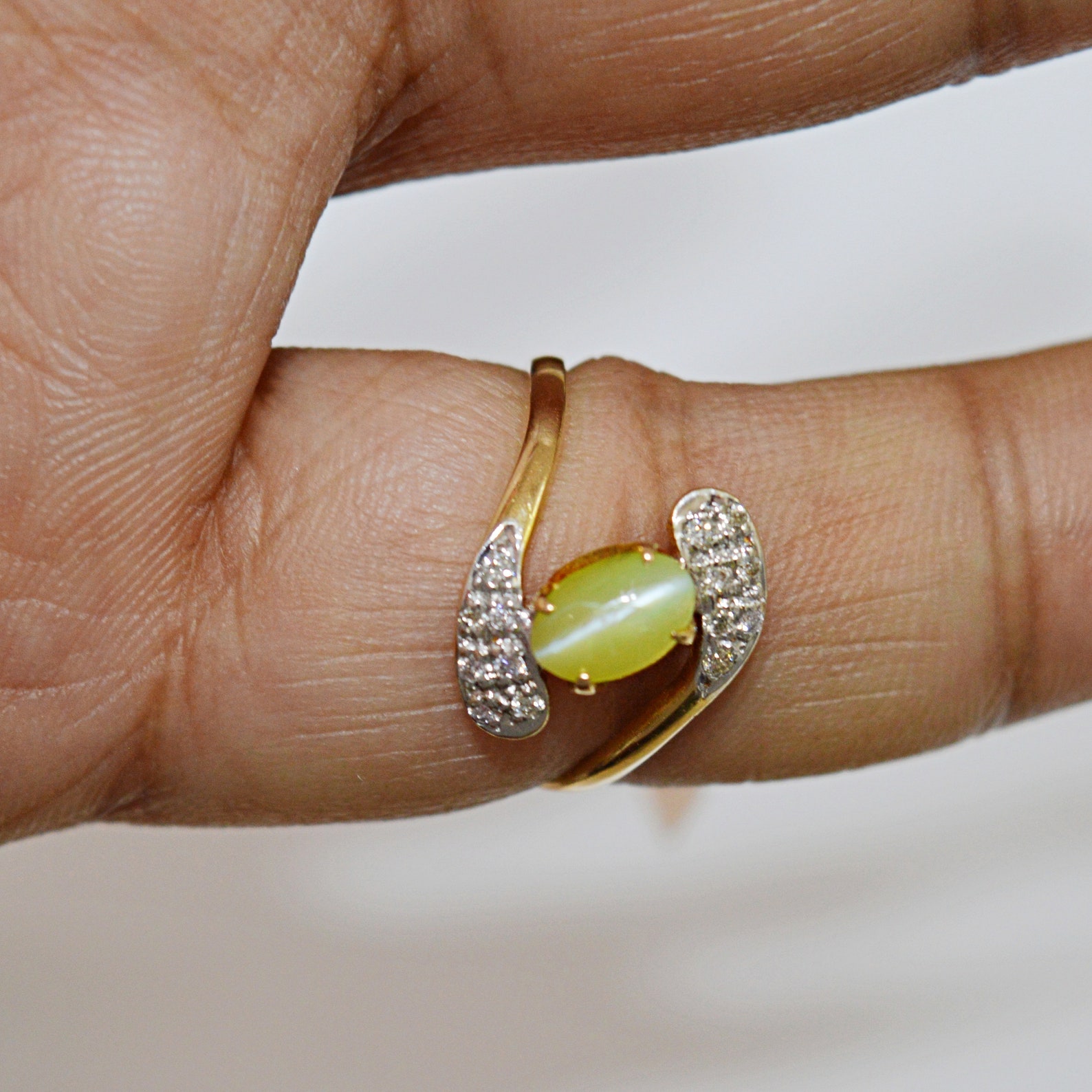 Cats Eye and Diamond Ring 14kt Yellow Gold Handmade From Etsy UK