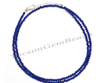 AAA Quality Lapis Beaded Necklace, 2.5mm Blue Lapis Lazuli Micro Faceted Bead Necklace, Semi Precious Blue Tiny Beads Necklace 18 - 36 Inch