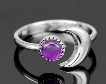 Amethyst Moon Shape Ring, 925 Sterling Silver Ring, Adjustable Band Ring